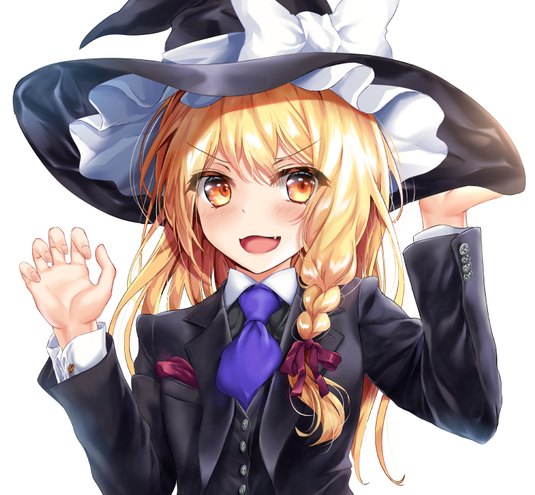 1girl :d alternate_costume ascot bangs black_headwear black_jacket black_vest blonde_hair blue_neckwear bow braid breasts commentary_request eyebrows_visible_through_hair fang formal hair_ribbon hat hat_bow jacket kerotsupii_deisuku kirisame_marisa long_hair looking_at_viewer necktie open_mouth red_ribbon ribbon side_braid simple_background single_braid small_breasts smile solo suit suit_jacket touhou tress_ribbon upper_body v-shaped_eyebrows vest white_background white_bow witch_hat yellow_eyes