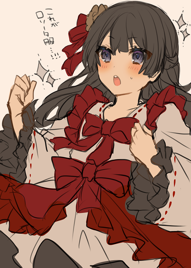 1girl :o black_hair blue_eyes blush bow brown_background character_request frilled_sleeves frills hands_up japanese_clothes kimono long_hair long_sleeves nijisanji open_mouth red_bow ribbon-trimmed_sleeves ribbon_trim shikino_yuki simple_background sketch solo sparkle sweat translation_request upper_teeth very_long_hair virtual_youtuber white_kimono wide_sleeves