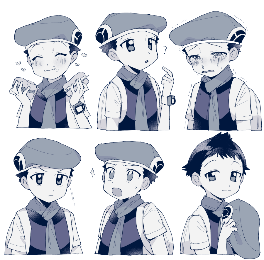 1boy ? blush closed_eyes closed_mouth commentary_request crying eating expression_chart food food_on_face greyscale hat hat_removed headwear_removed holding holding_clothes holding_hat looking_at_viewer lucas_(pokemon) male_focus monochrome multiple_views open_mouth oshi_taberu pokemon pokemon_(game) pokemon_dppt scarf short_hair short_sleeves sweatdrop tears tongue trembling
