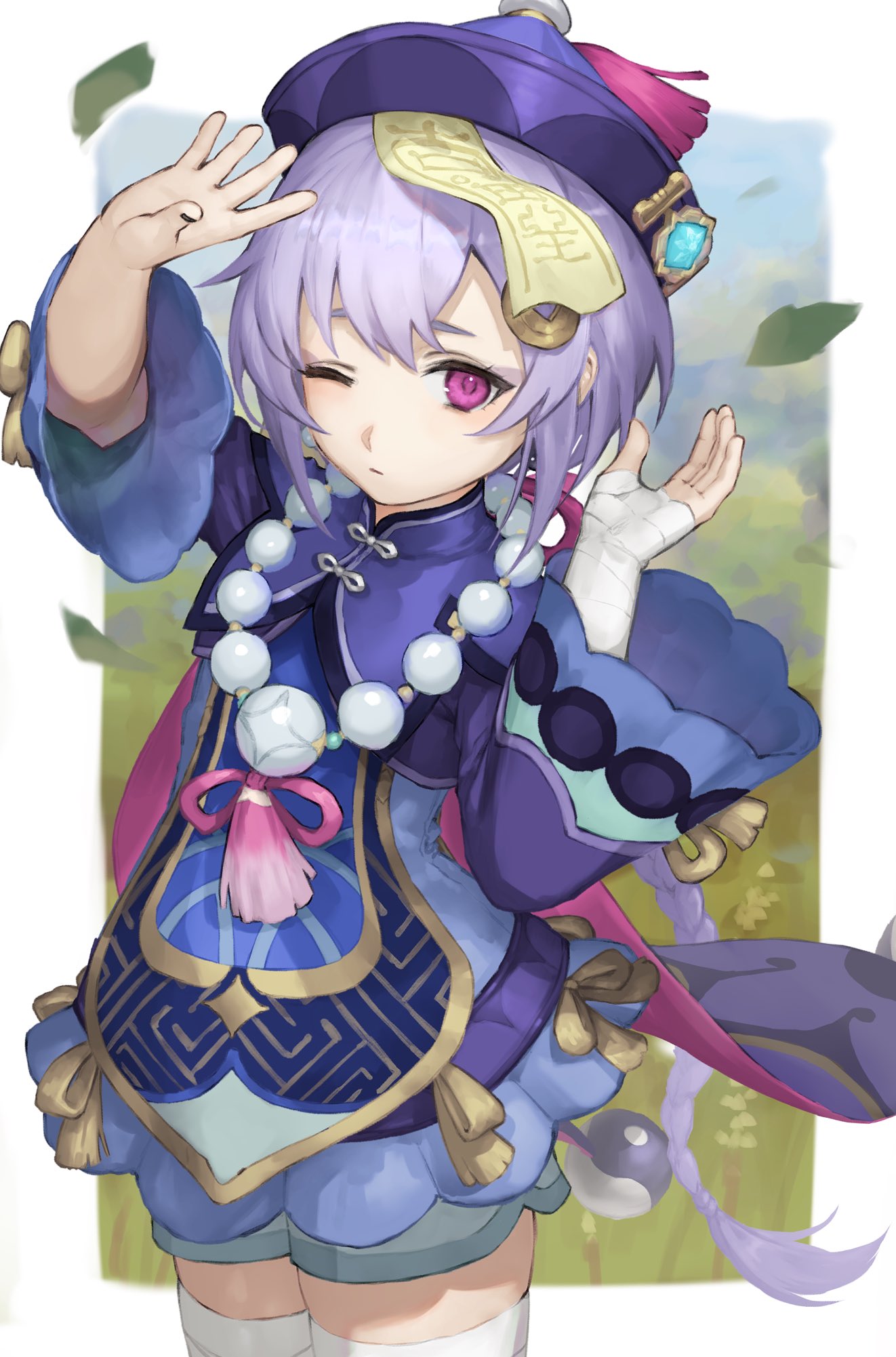 1girl bandaged_arm bandages bangs bead_necklace beads bell_sleeves blue_dress braid braided_ponytail breasts coin coin_hair_ornament dress genshin_impact hat highres jewelry jiangshi kouzuki_kei leaf long_hair long_sleeves looking_at_viewer necklace ofuda one_eye_closed purple_hair purple_headwear qing_guanmao qiqi shorts small_breasts talisman very_long_hair violet_eyes
