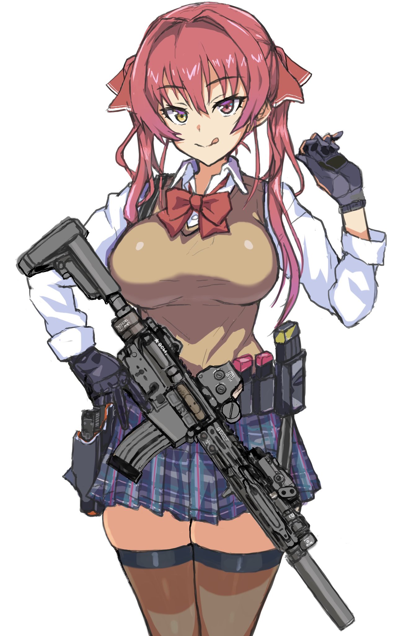 1girl alternate_costume ar-15 assault_rifle breasts commentary_request cowboy_shot dress_shirt gloves gun hair_ribbon heterochromia highres holding holding_gun holding_weapon hololive holstered_weapon houshou_marine large_breasts long_sleeves looking_at_viewer mordeth neck_ribbon plaid plaid_skirt pleated_skirt red_eyes redhead ribbon rifle school_uniform shirt skirt solo sweater_vest thigh-highs tongue tongue_out twintails weapon white_background white_shirt yellow_eyes