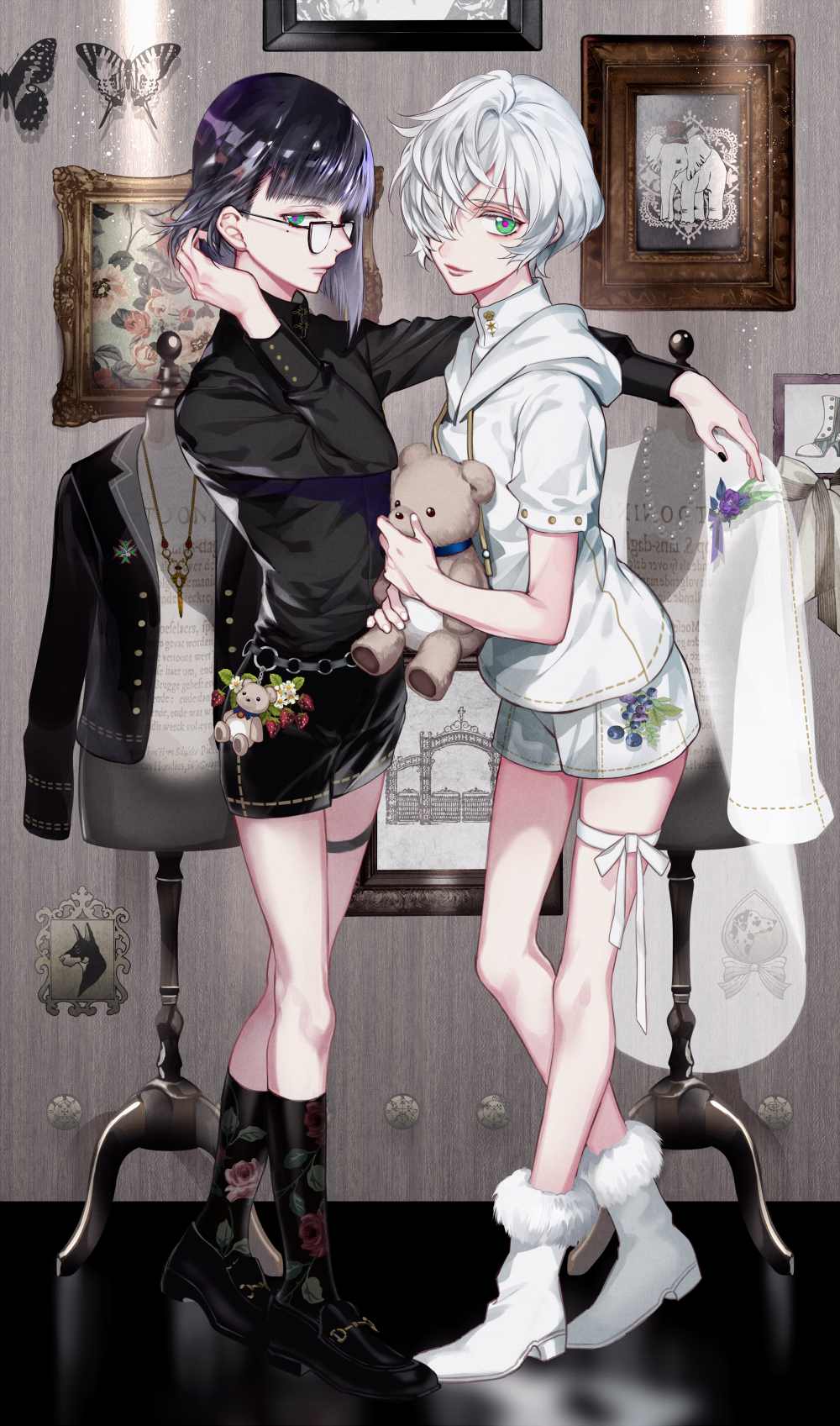 2girls arm_on_shoulder bangs black_footwear black_vs_white blunt_bangs bug butterfly clothes_hanger futaba_hazuki glasses hair_over_one_eye hair_tucking highres holding hood hoodie indoors insect light_smile miniskirt mole mole_under_eye multiple_girls original painting_(object) short_hair skirt stuffed_animal stuffed_toy teddy_bear white_footwear white_hair yuri