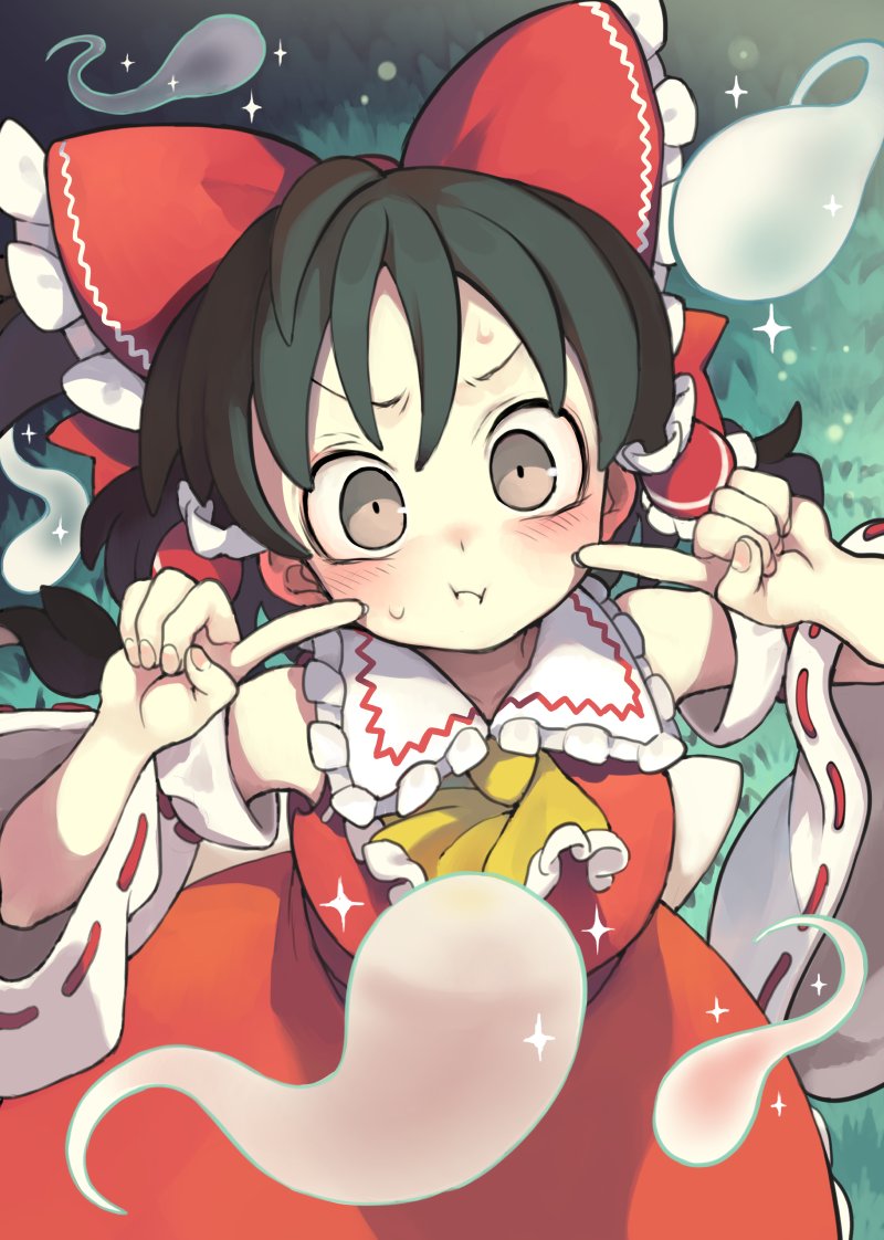 1girl :i black_hair blush bow commentary_request detached_sleeves ear_blush fingers_to_cheeks ghost green_background hair_bow hair_tubes hakurei_reimu hands_up hitodama long_hair long_sleeves looking_at_viewer morino_hon red_bow red_shirt red_skirt shirt skirt solo sparkle sweat touhou upper_body v-shaped_eyebrows wide_sleeves yellow_neckwear