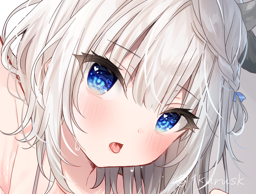 1girl animal_ears bangs blue_eyes blush braid cow_ears cow_horns extra_ears eyebrows_visible_through_hair grey_hair horns looking_at_viewer mafuyu_(chibi21) medium_hair open_mouth original solo tongue tongue_out