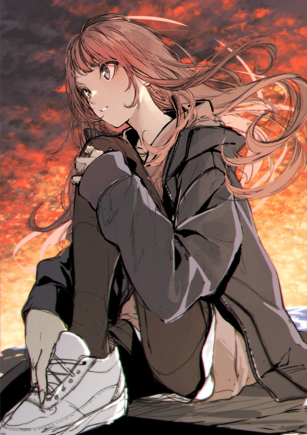 1girl bangs black_jacket black_legwear brown_eyes brown_hair brown_shirt clouds cloudy_sky commentary evening eyebrows_visible_through_hair floating_hair highres jacket knee_up kuwashima_rein long_hair long_sleeves looking_away original outdoors parted_lips shirt shoes sidelocks sitting sketch sky sleeves_past_wrists sneakers solo unzipped white_footwear wind zipper