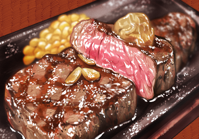 blurry blurry_background corn depth_of_field food food_focus meat nagare750 no_humans original plate realistic steak still_life