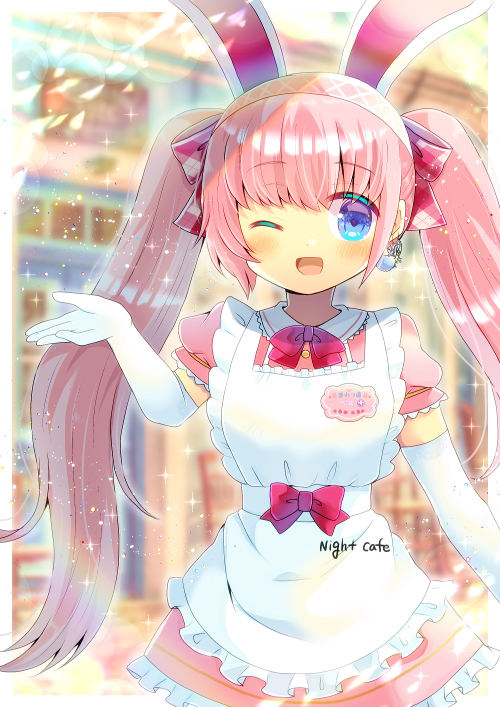 1girl ;d animal_ears apron bangs blue_eyes blurry blurry_background blush bow collared_dress commentary_request depth_of_field dress earrings elbow_gloves eyebrows_visible_through_hair frilled_apron frilled_dress frills gloves hair_bow hand_up jewelry kouu_hiyoyo long_hair looking_at_viewer maid_apron one_eye_closed open_mouth original pink_dress pink_hair plaid plaid_bow puffy_short_sleeves puffy_sleeves rabbit_ears red_bow short_sleeves smile solo twintails very_long_hair white_apron white_gloves