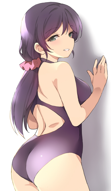 1girl against_wall ass bare_shoulders breasts deyuuku eyebrows_visible_through_hair from_behind green_eyes hair_ornament hair_scrunchie long_hair love_live! love_live!_school_idol_project low_twintails one-piece_swimsuit pink_scrunchie purple_hair purple_swimsuit scrunchie smile solo swimsuit toujou_nozomi twintails