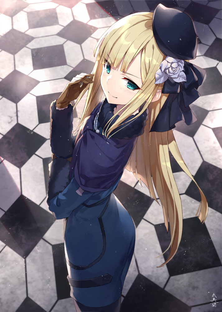 1girl bangs black_headwear blonde_hair blue_capelet blue_jacket blush brown_gloves capelet closed_mouth commentary_request cowboy_shot duplicate fate_(series) flower from_above from_side fur_collar gabiran gloves green_eyes hair_flower hair_ornament hand_up hat jacket long_hair long_sleeves looking_at_viewer lord_el-melloi_ii_case_files pantyhose reines_el-melloi_archisorte rose smile solo tile_floor tiles translation_request white_flower white_rose