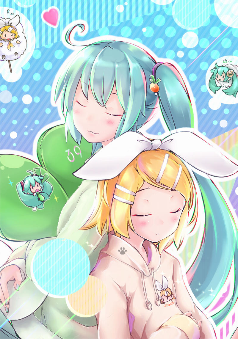 akino_coto animal_costume blonde_hair blue_hair bunny_hair_ornament chibi closed_eyes closed_mouth commentary_request dreaming green_jacket hair_ornament hatsune_miku jacket kagamine_rin object_hug pink_jacket sheep sheep_costume sleeping sleeping_on_person sleeping_upright spring_onion stuffed_toy twintails vocaloid