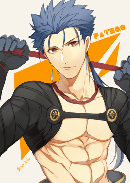 1boy 2f_sq abs bare_pecs black_gloves blue_hair copyright_name cosplay cu_chulainn_(fate)_(all) fate/grand_order fate_(series) gae_bolg_(fate) gloves hair_strand lancer long_hair looking_at_viewer male_focus muscular ponytail red_eyes solo twitter_username upper_body yan_qing_(fate) yan_qing_(fate)_(cosplay)