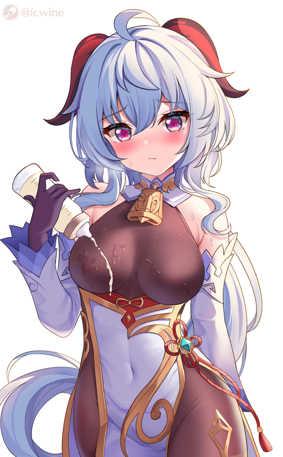 1girl ahoge bangs bare_shoulders bell black_gloves blue_hair blush bottle breasts brown_bodysuit closed_mouth covered_navel detached_sleeves dress elbow_gloves ganyu_(genshin_impact) genshin_impact gloves heart heart-shaped_pupils highres horns icwine large_breasts long_hair looking_at_viewer milk_bottle symbol-shaped_pupils thighs violet_eyes white_dress