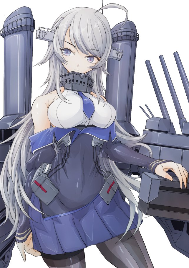 1girl ahoge bangs black_legwear blue_eyes blue_neckwear boushi-ya breasts closed_mouth covered_navel eyebrows_visible_through_hair grey_hair kantai_collection large_breasts long_hair long_sleeves looking_at_viewer necktie off_shoulder pantyhose rigging simple_background solo washington_(kantai_collection) white_background