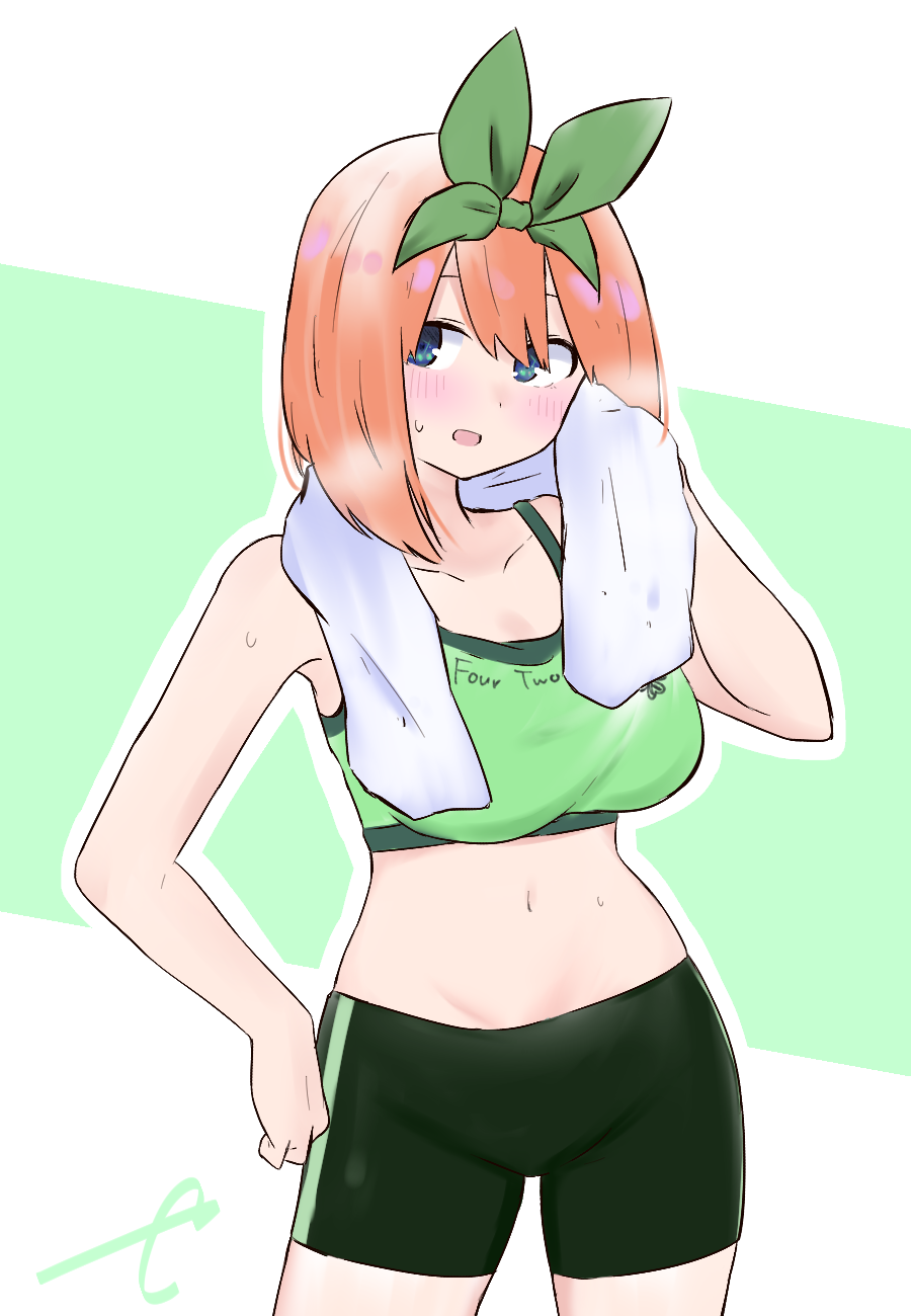 1girl :d bangs bare_arms bare_shoulders bike_shorts blue_eyes blush collarbone crop_top eyebrows_behind_hair go-toubun_no_hanayome green_background green_shorts hair_between_eyes highres kujou_karasuma looking_at_viewer midriff nakano_yotsuba navel open_mouth orange_hair short_shorts shorts signature smile solo standing sweat towel towel_around_neck two-tone_background white_background