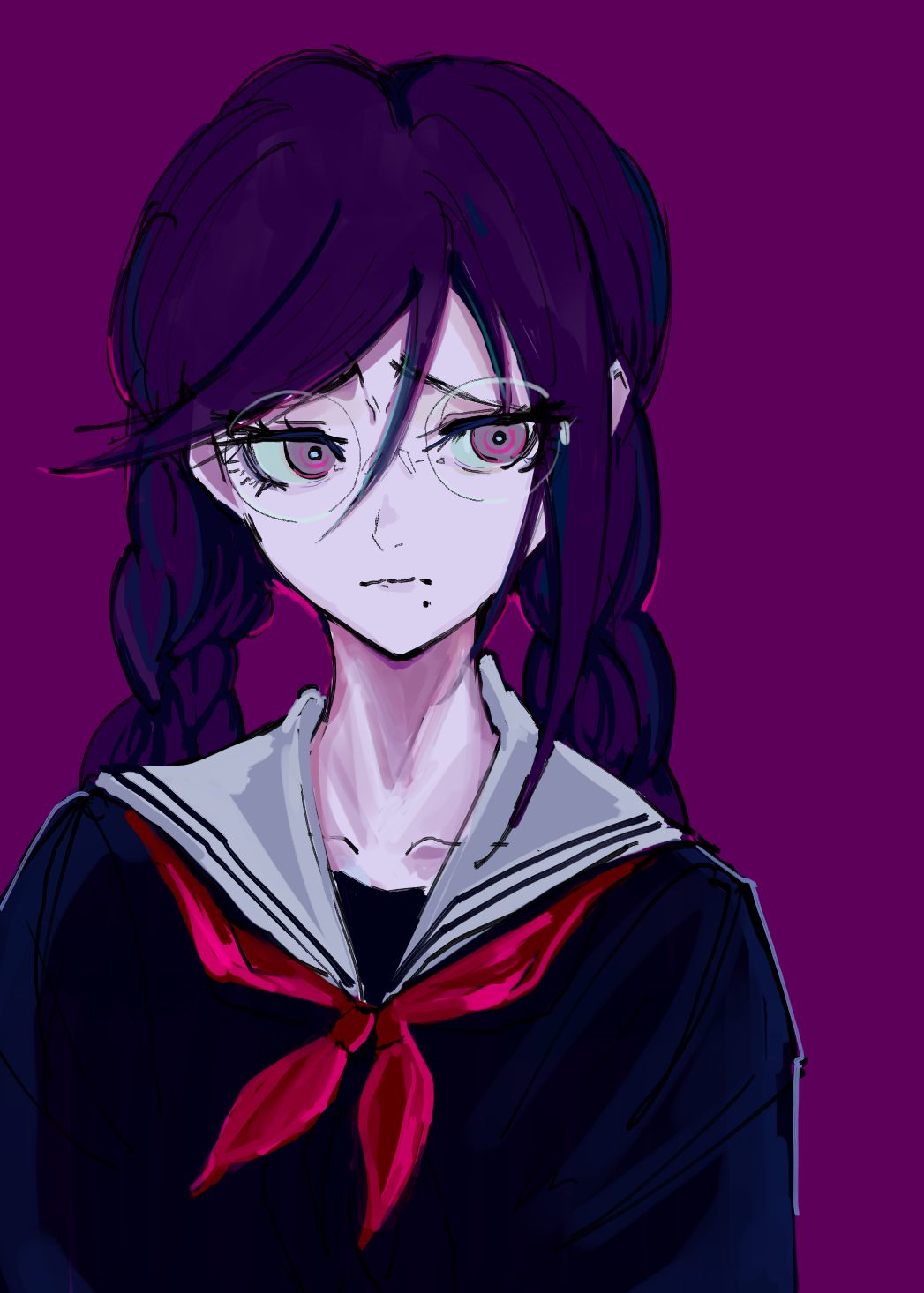 1girl akitsu_(davis0527dx) bangs black_shirt braid closed_mouth collarbone commentary_request dangan_ronpa:_trigger_happy_havoc dangan_ronpa_(series) frown fukawa_touko glasses hair_between_eyes highres long_hair looking_at_viewer mole mole_under_mouth neckerchief purple_background round_eyewear sailor_collar school_uniform serafuku shirt simple_background solo twin_braids upper_body