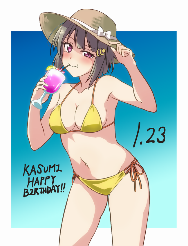 1girl bikini breasts brown_hair drinking_straw hair_ornament hairclip hand_on_headwear hat light_brown_hair looking_at_viewer love_live! love_live!_nijigasaki_high_school_idol_club medium_breasts nakasu_kasumi short_hair solo straw_hat swimsuit turkey_min violet_eyes yellow_bikini