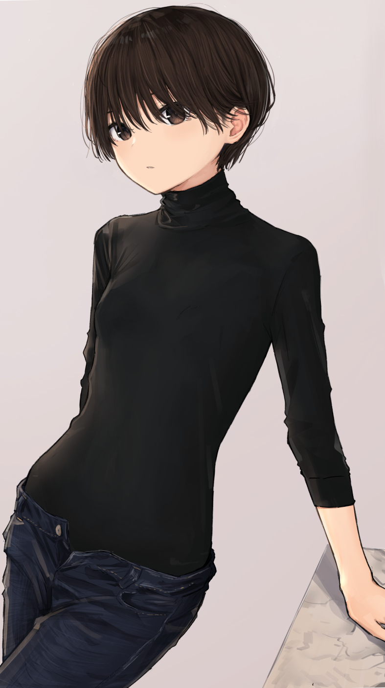 1girl arm_support bangs black_shirt breasts brown_eyes brown_hair cowboy_shot denim eyebrows_visible_through_hair grey_background highres jeans leaning_to_the_side long_sleeves open_fly open_pants original pants parted_lips shirt short_hair simple_background small_breasts solo table zuima