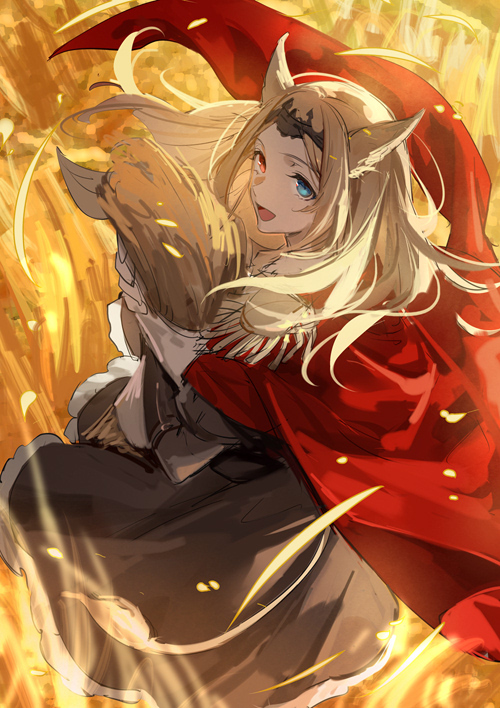 1girl animal_ears archetto_(arknights) arknights black_dress black_headwear blonde_hair blue_eyes cape commentary day dress epaulettes from_above from_behind gui_mi heterochromia long_hair looking_at_viewer looking_back open_mouth outdoors red_cape red_eyes smile solo tiara wheat wheat_bundle wheat_field wind