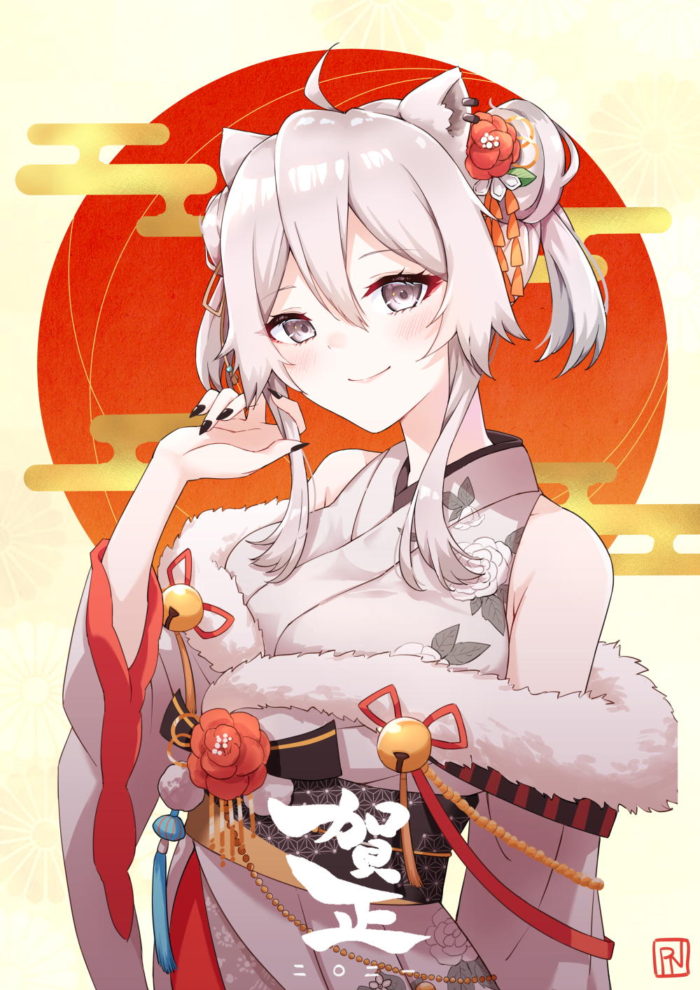 1girl ahoge animal_ears bangs bare_shoulders bell black_nails breasts closed_mouth cowboy_shot ear_piercing eyelashes fingernails floral_print fur-trimmed_kimono fur_trim grey_eyes grey_hair hair_between_eyes hair_bun hair_ornament highres hololive japanese_clothes jingle_bell kanzashi kimono large_breasts light_blush lion_ears lion_girl looking_at_viewer nail_polish new_year obi obiage obijime off-shoulder_kimono piercing profnote sash sharp_fingernails shishiro_botan short_hair short_twintails sidelocks signature silver_hair sleeveless sleeveless_kimono smile solo twintails upper_body virtual_youtuber white_kimono wide_sleeves