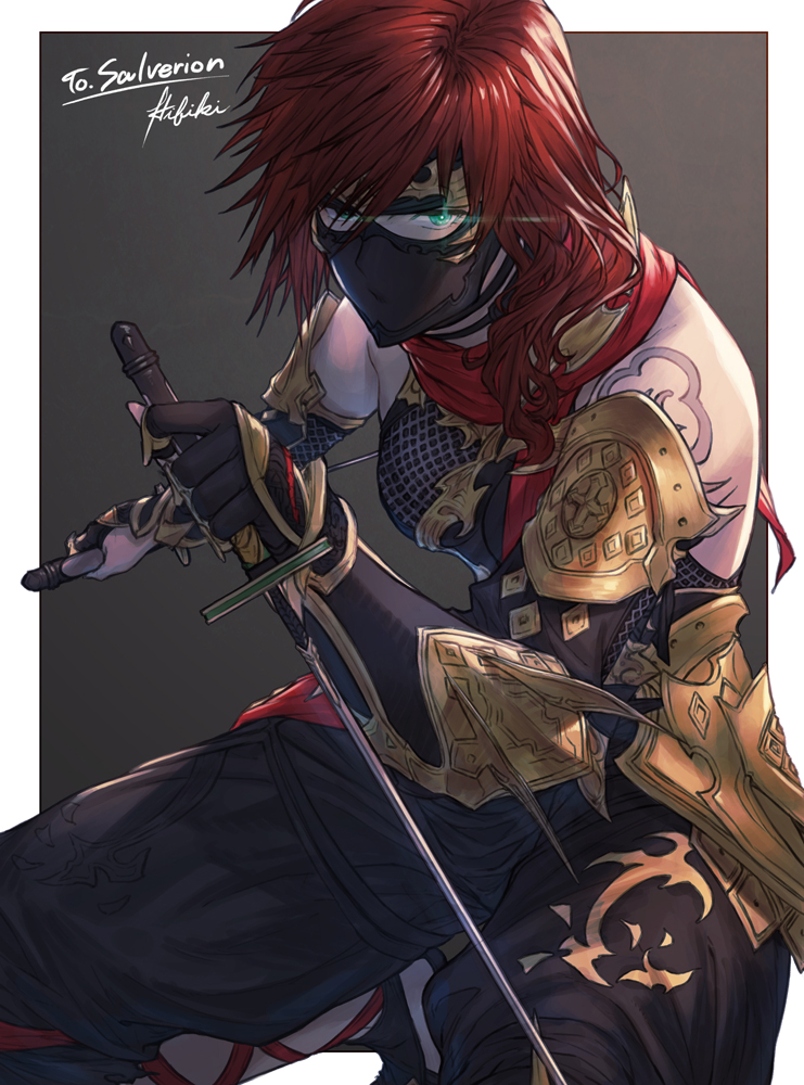 1girl commission fictional_persona final_fantasy final_fantasy_xiv glowing glowing_eyes green_eyes hyur ivris linmei_quan ninja ninja_(final_fantasy) ninja_mask redhead solo sword weapon