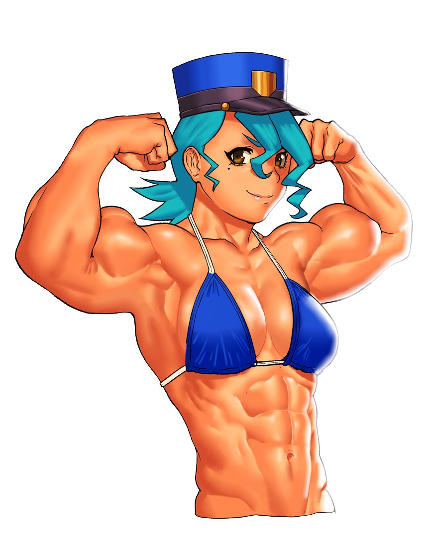 1girl abs aqua_hair arms_up biceps bikini blue_bikini brown_eyes cessa cropped_torso flexing hair_between_eyes hat jenny_(pokemon) medium_hair mole mole_under_eye muscular muscular_female pokemon pokemon_(anime) pokemon_(classic_anime) police_hat pose simple_background smile solo swimsuit upper_body white_background