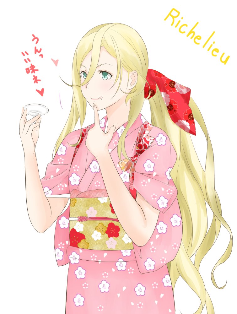 1girl alternate_costume blonde_hair character_name commentary_request cowboy_shot cup floral_print green_eyes hair_between_eyes holding holding_saucer japanese_clothes kantai_collection kimono long_hair mole mole_under_eye mole_under_mouth nuko_(phylactery) pink_kimono red_ribbon ribbon richelieu_(kantai_collection) sakazuki saucer simple_background solo translation_request white_background