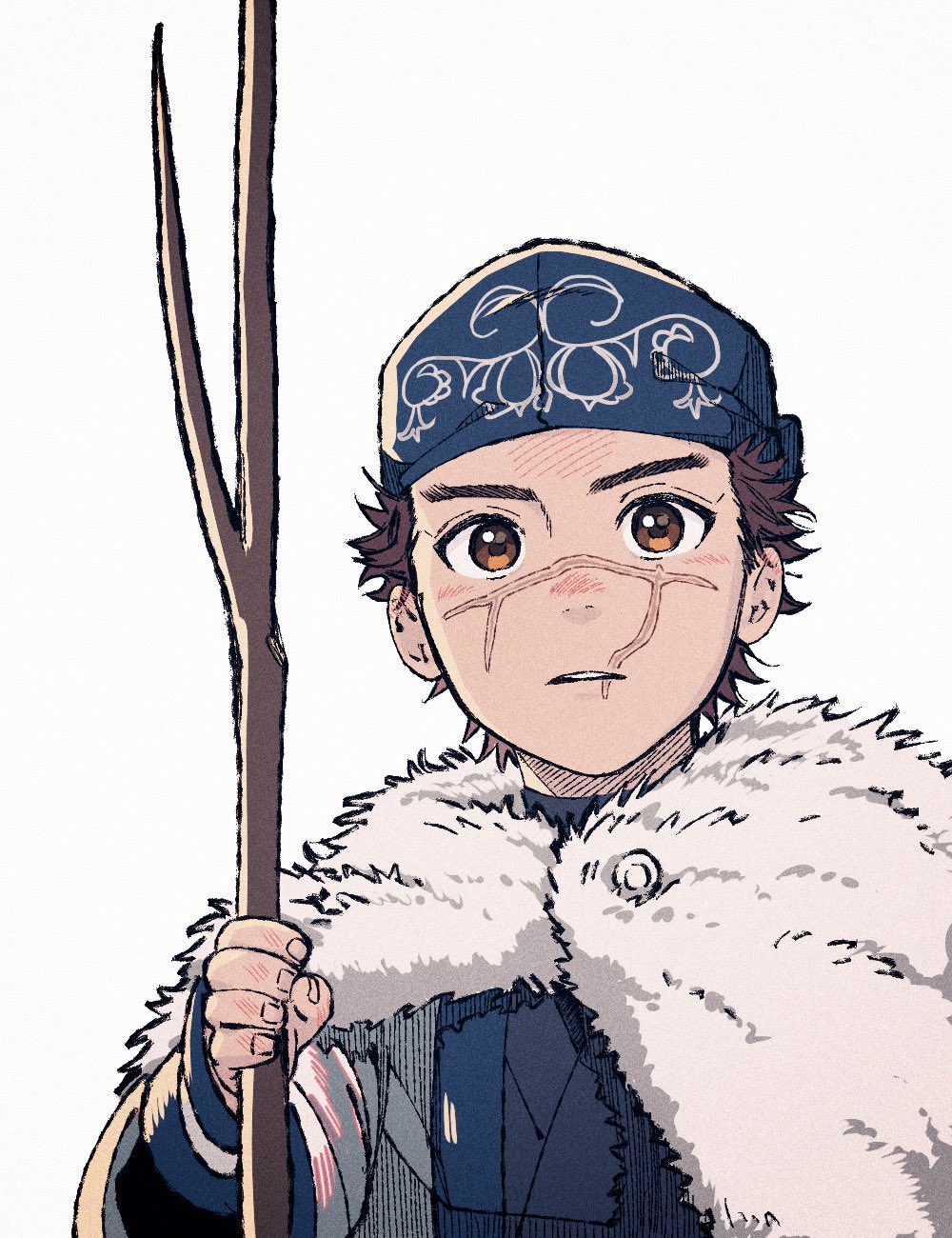 1boy ainu_clothes alternate_costume asirpa asirpa_(cosplay) blush brown_eyes brown_hair cosplay golden_kamuy headband highres kotta_(pesan102) long_sleeves male_focus nose_blush scar scar_on_cheek scar_on_face scar_on_mouth scar_on_nose short_hair simple_background solo spiky_hair stick sugimoto_saichi upper_body white_background wood younger