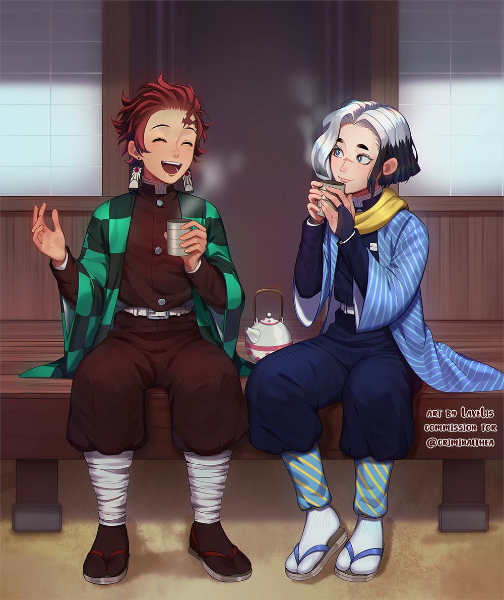 2boys :d belt black_hair blue_pants bright_pupils brown_legwear brown_pants character_request closed_eyes closed_mouth commentary commission cup english_commentary hand_up haori holding holding_cup japanese_clothes kamado_tanjirou kimetsu_no_yaiba lavelis multicolored_hair multiple_boys open_mouth pants puffy_pants redhead sandals scarf smile tabi teapot two-tone_hair white_hair white_legwear white_pupils yellow_scarf