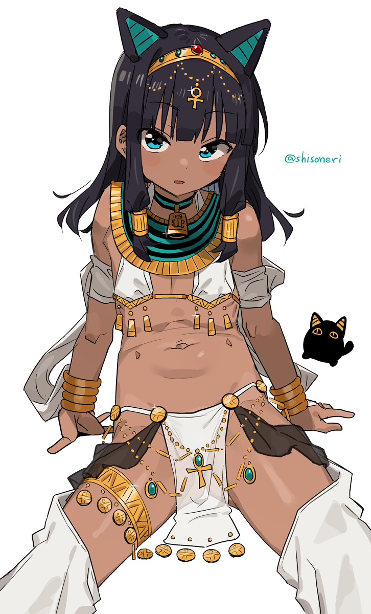 1girl animal_ears bangs bare_shoulders bell bell_choker black_hair blue_eyes bracelet cat_ears choker dark-skinned_female dark_skin egyptian_clothes eyebrows_visible_through_hair flat_chest hairband highres jewelry long_hair looking_at_viewer navel open_mouth original shisoneri simple_background sitting solo white_background