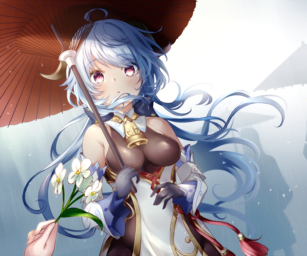 1girl bare_shoulders bell black_bow black_gloves blue_hair blush bow breasts brown_bodysuit commentary_request detached_sleeves flower ganyu_(genshin_impact) genshin_impact gloves hair_bow holding holding_flower holding_umbrella long_hair long_sleeves looking_at_viewer mashiro_aa medium_breasts oil-paper_umbrella out_of_frame parted_lips rain red_eyes red_umbrella solo_focus umbrella very_long_hair white_flower white_sleeves wide_sleeves