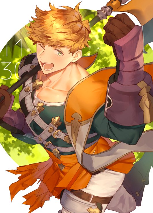 1boy axe bangs battle_axe blonde_hair blush from_above granblue_fantasy green_eyes green_shirt higashigunkan holding holding_axe looking_at_viewer male_focus muscular muscular_male over_shoulder pants pectorals shirt short_hair solo tight_shirt vambraces vane_(granblue_fantasy) weapon weapon_over_shoulder white_pants