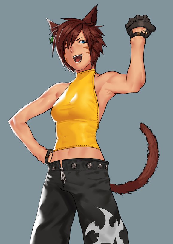 1girl animal_ears black_gloves black_pants breasts brown_hair brown_tail cat_ears cat_tail cessa commission cowboy_shot final_fantasy final_fantasy_xiv gloves grey_background hand_on_hip hand_up medium_breasts midriff miqo'te one_eye_closed open_mouth pants shirt short_hair simple_background sleeveless sleeveless_shirt smile solo tail yellow_shirt