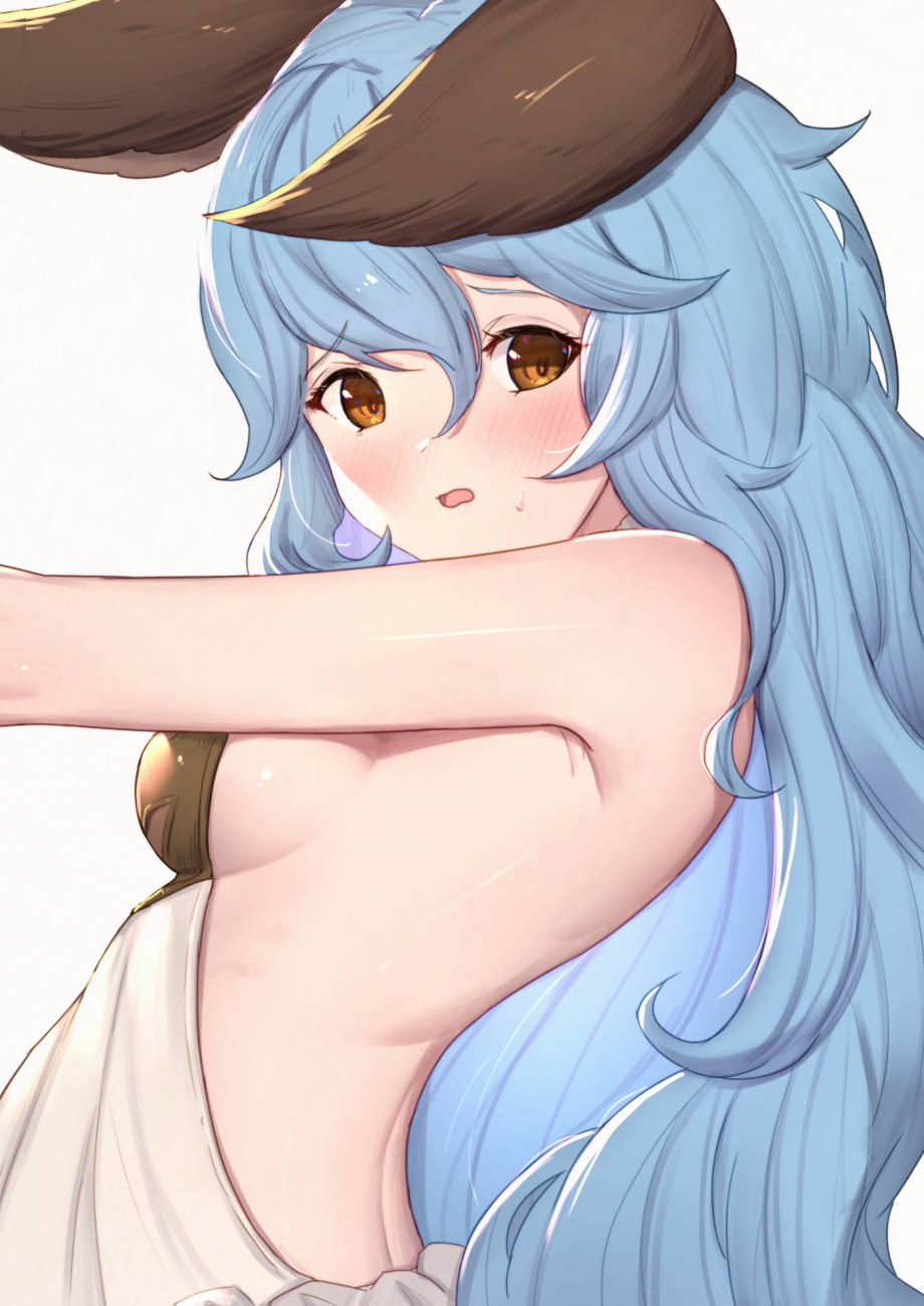 1girl animal_ears armpits bangs bare_shoulders blue_hair blush breasts brown_eyes commentary_request dress erune eyebrows_visible_through_hair ferry_(granblue_fantasy) from_side granblue_fantasy hair_between_eyes highres long_hair looking_at_viewer looking_to_the_side medium_breasts parted_lips revision sideboob simple_background sleeveless sleeveless_dress solo sweat uneg upper_body very_long_hair wavy_mouth white_background white_dress