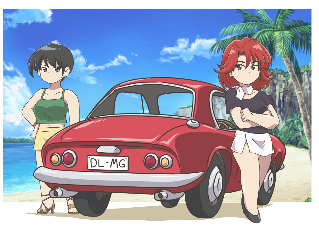 2girls agent_aika aika_(series) alternate_costume bangs beach bianca_(agent_aika) black_delmo black_eyes black_hair black_shirt blue_sky car chibi collarbone crossed_arms day earrings golden_delmo ground_vehicle hand_on_hip jewelry kana_(agent_aika) kuroyoshi miniskirt motor_vehicle multiple_girls navel ocean redhead sand sandals scarf shadow shirt shoes short_hair short_sleeves skirt sky standing tree white_neckwear white_skirt yellow_skirt