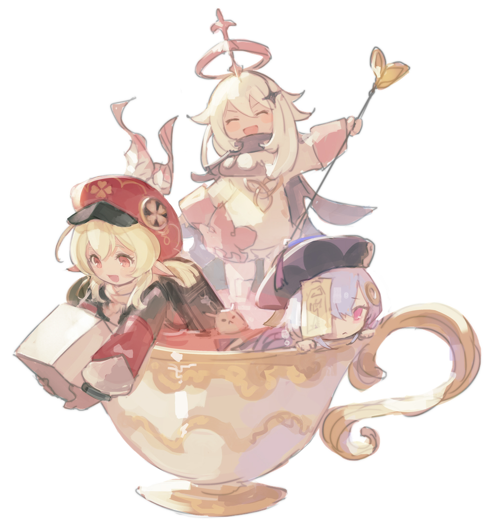 3girls :d ahoge arm_up backpack bag bead_necklace beads black_scarf blonde_hair brown_bag cabbie_hat charm_(object) chibi closed_eyes commentary cup dress food genshin_impact gold_trim hair_ornament halo hat hat_feather holding holding_food holding_staff in_container in_cup jewelry jiangshi klee_(genshin_impact) long_hair mandarin_collar multiple_girls necklace ofuda open_mouth paimon_(genshin_impact) purple_hair purple_headwear qing_guanmao qiqi randoseru red_dress red_eyes red_headwear rojiura_(rojunu11) scarf short_twintails simple_background smile staff sugar_cube talisman teacup twintails white_background white_dress white_hair