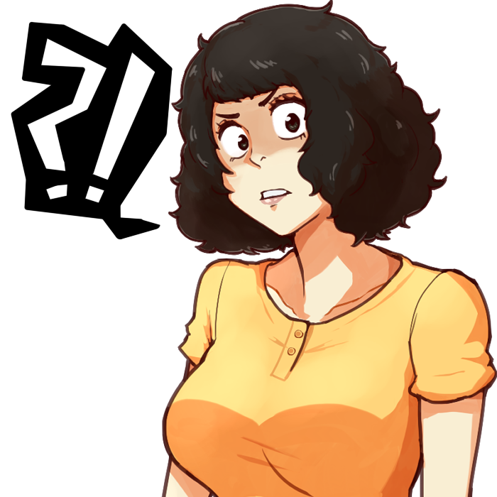 !? 1girl breasts brown_hair buttons chief_(91m10) collarbone kawakami_sadayo large_breasts looking_at_viewer persona persona_5 shirt short_hair simple_background solo spoken_interrobang surprised upper_body white_background yellow_shirt