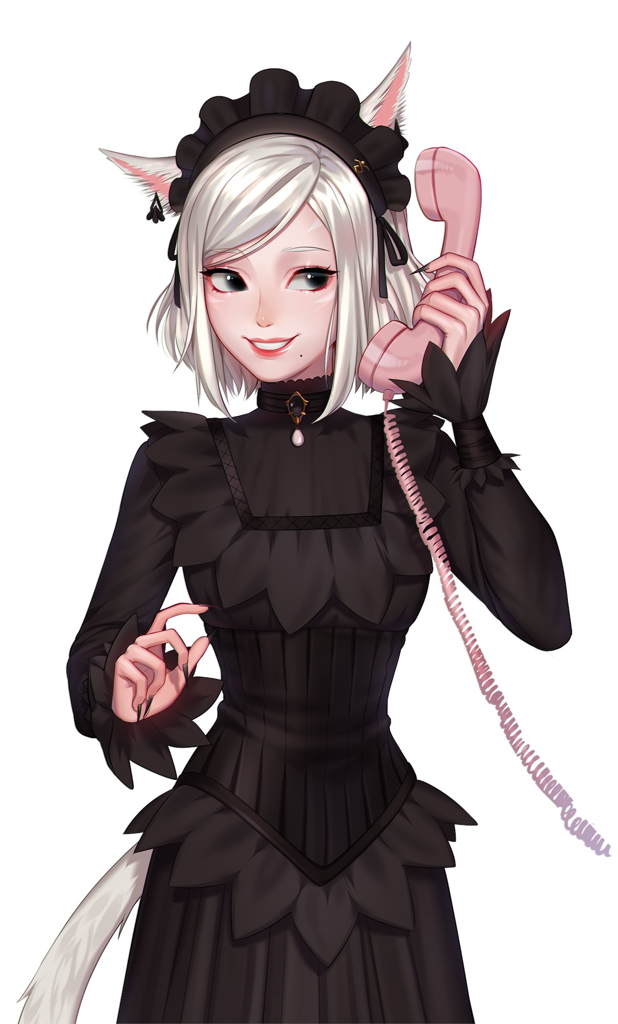 1girl animal_ears black_dress black_eyes black_nails cat_ears cat_tail commentary commission corded_phone cowboy_shot dress earrings english_commentary final_fantasy final_fantasy_xiv fingernails hair_ribbon hairband hand_up highres holding holding_phone jewelry lavelis long_sleeves medium_hair miqo'te mole mole_under_mouth nail_polish original phone ribbon sharp_fingernails simple_background smile solo tail white_background white_hair