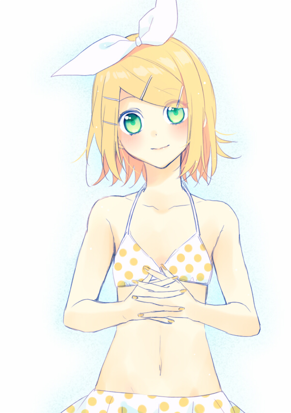 1girl bikini blonde_hair bow collarbone green_eyes hair_bow hair_ornament hairclip hands_together head_tilt hinata_(princess_apple) kagamine_rin looking_at_viewer midriff navel polka_dot polka_dot_bikini short_hair sketch smile solo swimsuit vocaloid yellow_nails