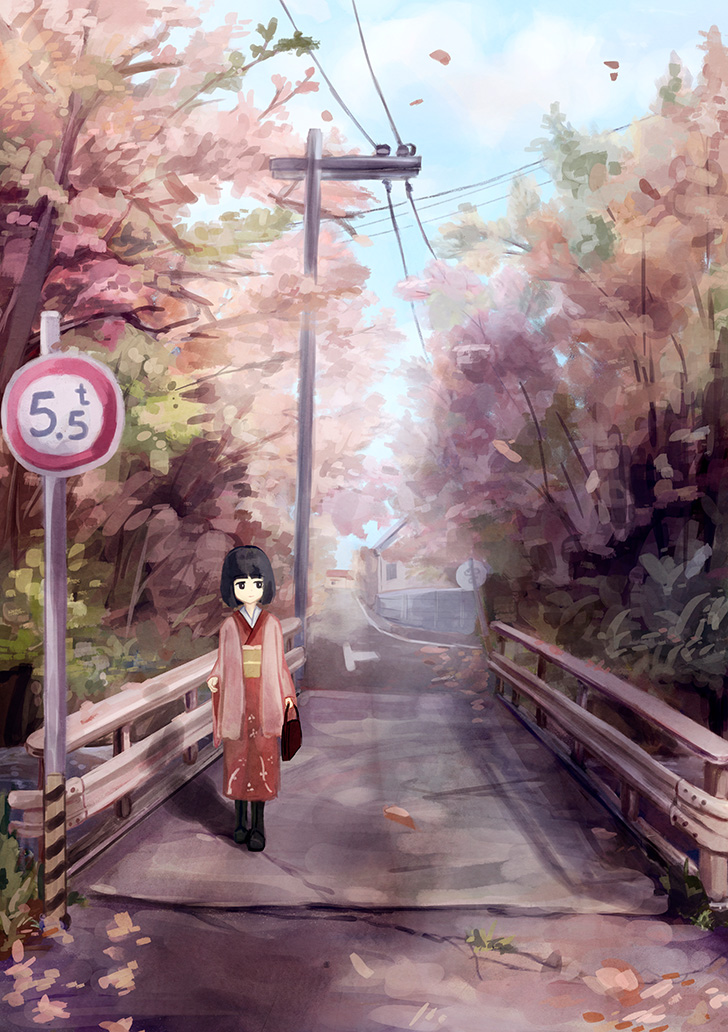 1girl autumn_leaves bag black_hair bridge enokitake handbag japanese_clothes kimono original outdoors road road_sign scenery short_hair sign solo standing street tree utility_pole yukata