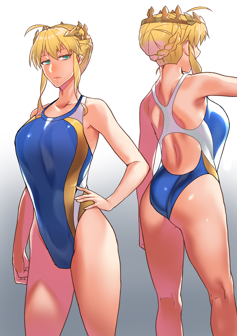 1girl artoria_pendragon_(all) artoria_pendragon_(lancer) ass back bangs bare_shoulders blonde_hair blue_swimsuit braid breasts collarbone crown fate/grand_order fate_(series) french_braid green_eyes hair_between_eyes highleg highleg_swimsuit jack_hamster large_breasts long_hair looking_at_viewer multiple_views one-piece_swimsuit sidelocks swimsuit thighs