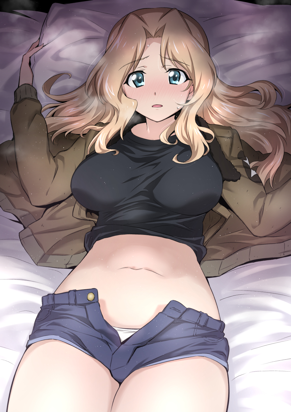 1girl bangs bed_sheet black_shirt blonde_hair blue_eyes blush bomber_jacket breasts breath buttons denim denim_shorts eyebrows_visible_through_hair girls_und_panzer highres jacket kay_(girls_und_panzer) large_breasts long_hair long_sleeves looking_at_viewer lying midriff nakahira_guy navel on_back on_bed open_clothes open_fly open_mouth open_shorts panties parted_bangs pillow saunders_military_uniform shiny shiny_hair shirt shirt_lift short_shorts shorts solo sweat sweatdrop unbuttoned underwear white_panties