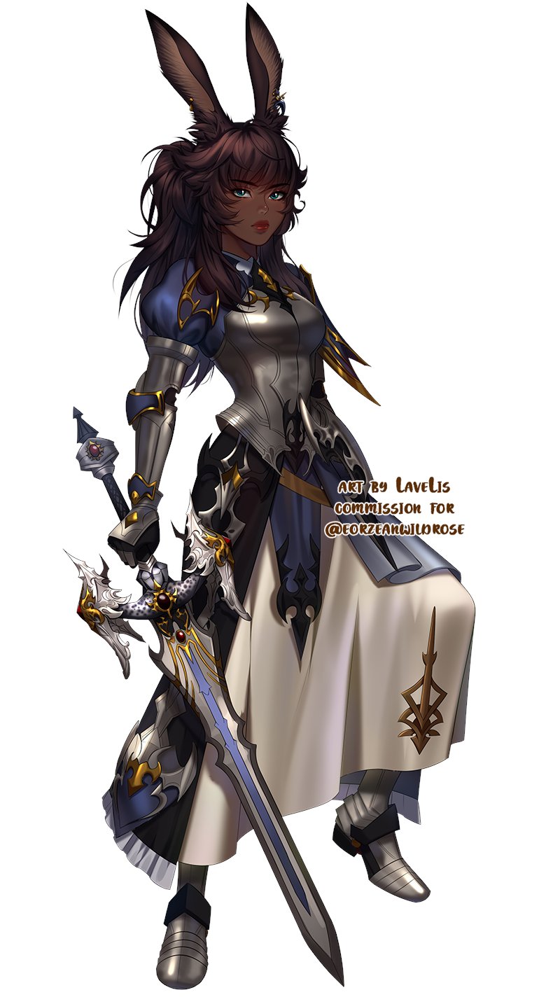 1girl animal_ears armor boots breastplate brown_hair closed_mouth commentary dark_skin dark-skinned_female english_commentary final_fantasy final_fantasy_xiv gauntlets green_eyes highres holding holding_sword holding_weapon juliet_sleeves lavelis long_hair long_sleeves looking_at_viewer metal_boots original ponytail puffy_sleeves rabbit_ears simple_background skirt solo sword viera weapon white_background white_skirt