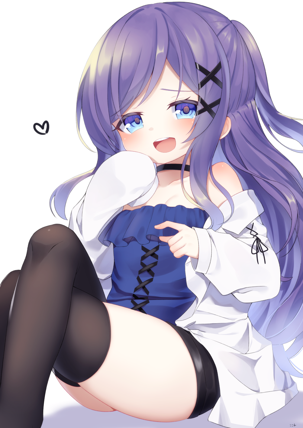 1girl :d bangs black_choker black_legwear black_skirt blue_eyes breasts choker collarbone collared_shirt commentary_request crossed_legs feet_out_of_frame hair_ornament hairclip heart highres kokone_(coconeeeco) long_hair long_sleeves looking_at_viewer open_clothes open_mouth open_shirt original parted_bangs ponytail purple_hair shirt sitting skirt sleeves_past_fingers sleeves_past_wrists small_breasts smile solo strapless thigh-highs upper_teeth very_long_hair white_background white_shirt x_hair_ornament