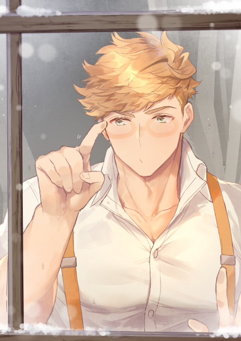 1boy bangs blonde_hair blush granblue_fantasy green_eyes higashigunkan index_finger_raised looking_at_viewer male_focus muscular muscular_male partially_unbuttoned pectorals shirt short_hair snowing solo suspenders upper_body vane_(granblue_fantasy) white_shirt