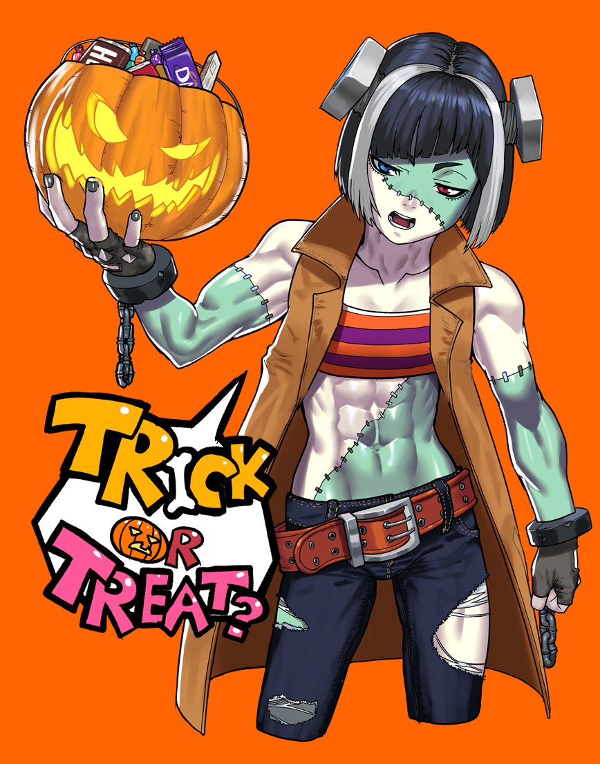 1girl abs alexia_harth_abs biceps black_gloves black_hair black_pants blue_eyes cessa chain colored_skin cosplay cropped_legs fingerless_gloves frankenstein frankenstein's_monster frankenstein's_monster_(cosplay) gloves green_skin grey_hair halloween halloween_costume hand_up heterochromia muscular muscular_female open_mouth orange_background original pants red_eyes short_hair simple_background sleeveless solo stitches torn_clothes torn_pants trick_or_treat white_skin