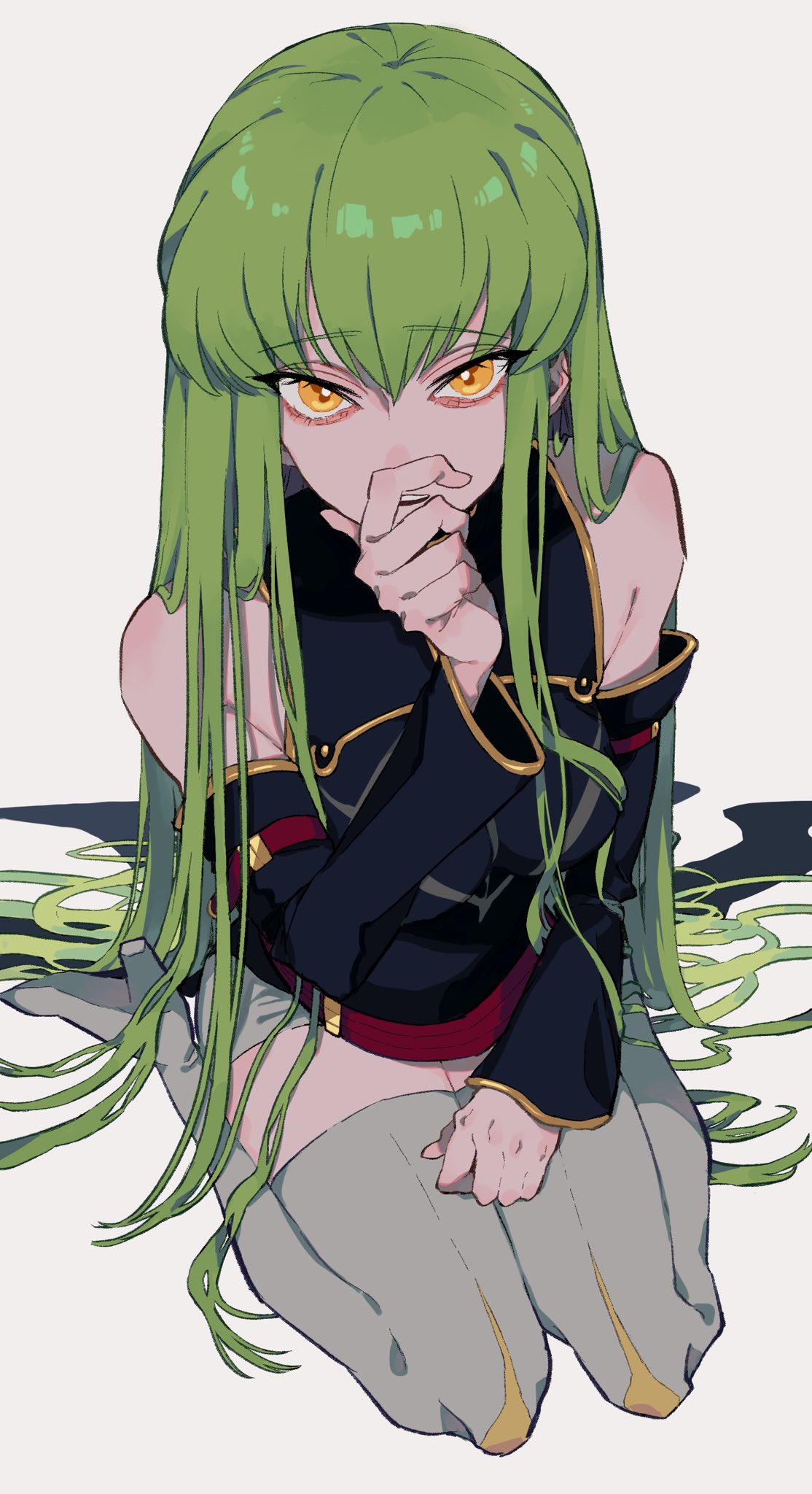 1girl bangs bare_shoulders belt boots breasts c.c. code_geass detached_sleeves eyebrows_visible_through_hair eyelashes green_hair hair_between_eyes hand_on_own_face high_heels highres long_hair looking_at_viewer medium_breasts open_mouth seiza sitting solo thigh-highs thigh_boots urkt_10 very_long_hair yellow_eyes