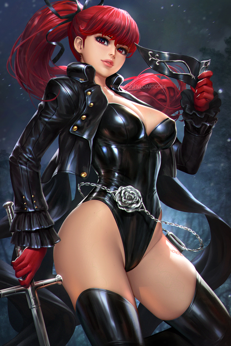 1girl black_jacket black_legwear black_leotard black_ribbon breasts cowboy_shot gloves hair_ribbon holding holding_mask holding_sword holding_weapon jacket leotard lips long_hair long_sleeves mask medium_breasts neoartcore parted_lips persona persona_5 persona_5_the_royal ponytail red_eyes red_gloves redhead ribbon solo sword thigh-highs weapon yoshizawa_kasumi