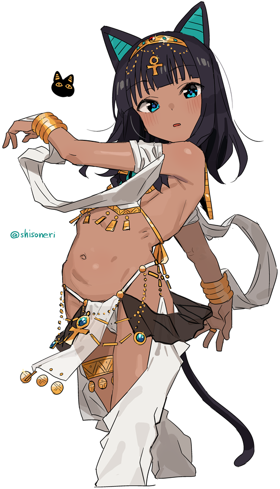 1girl animal_ears armpits bangs bare_shoulders black_hair blue_eyes blunt_bangs blush bracelet cat_ears cat_tail dark-skinned_female dark_skin eyebrows_visible_through_hair flat_chest hairband jewelry looking_at_viewer medium_hair navel original shisoneri simple_background solo tail white_background