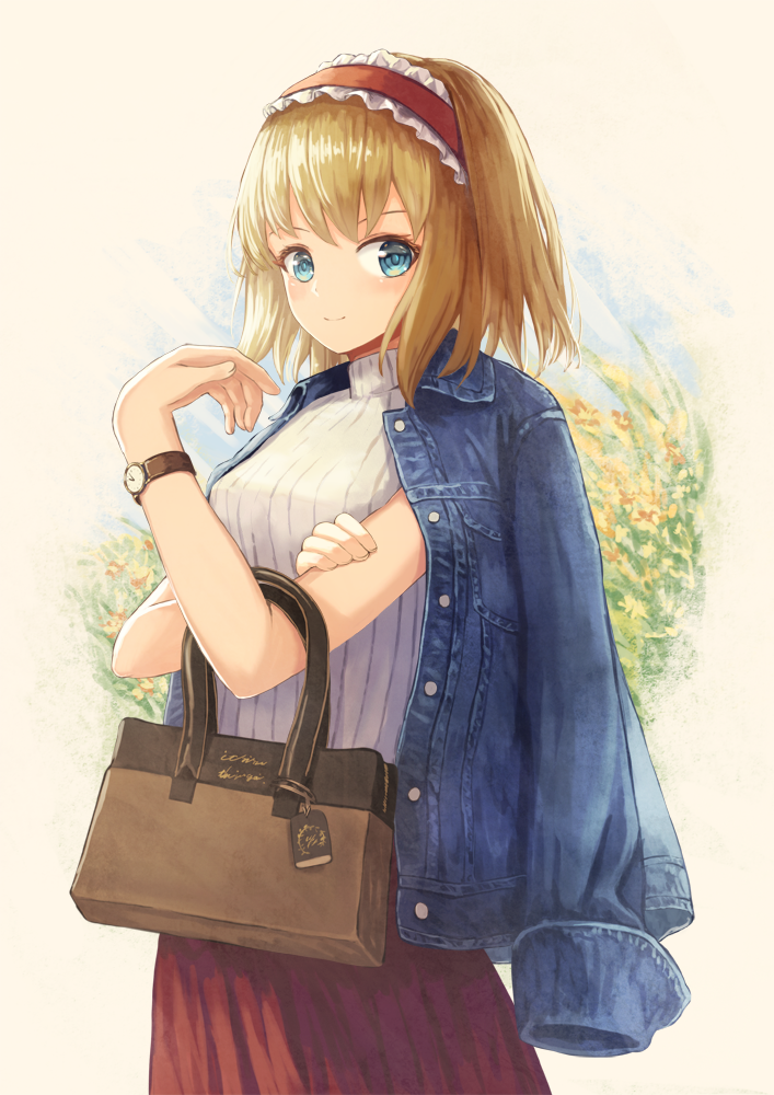 1girl alice_margatroid alternate_costume arms_up bag bangs blonde_hair blue_eyes blue_jacket casual commentary contemporary cowboy_shot denim denim_jacket floral_background hairband hand_on_own_arm handbag jacket jacket_on_shoulders lolita_hairband looking_at_viewer ookashippo pink_background red_skirt short_hair skirt smile solo standing sweater touhou turtleneck turtleneck_sweater watch watch white_sweater