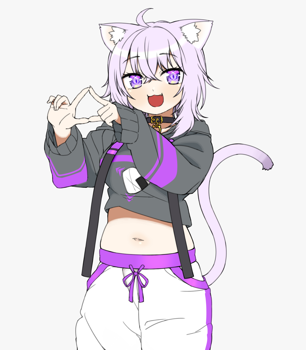 1girl :3 :d ahoge animal_collar animal_ears bangs black_collar breasts cat_ears cat_girl cat_tail collar crossed_bangs eyebrows_visible_through_hair fang fingernails food food_print grey_hoodie hair_between_eyes hands_up highres hololive hood hood_down hoodie lewis light_purple_hair long_sleeves looking_at_viewer medium_breasts medium_hair navel nekomata_okayu onigiri onigiri_print open_mouth pocket simple_background skin_fang smile solo tail tail_raised violet_eyes virtual_youtuber white_background